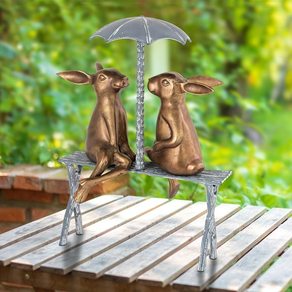Romantic Rabbit Pair on Bench Copper and Grey Metal Garden Sculpture
