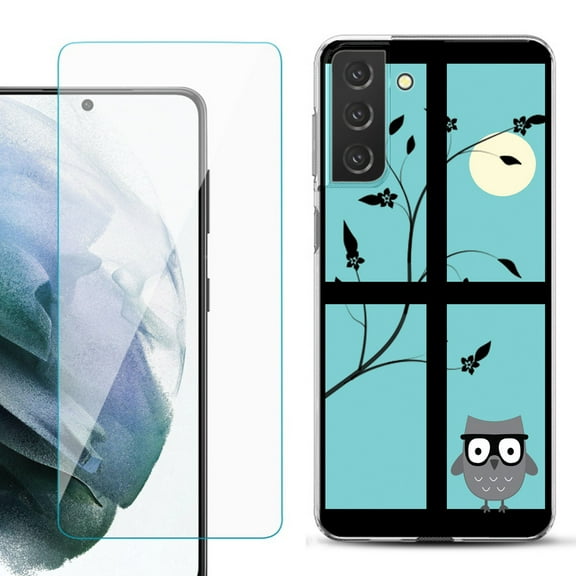 Slim-Fit TPU Fashion Phone Case for Samsung Galaxy S21 FE 5G Fan Edition, with Tempered Glass Screen Protector, by OneToughShield ® - Moon Owl
