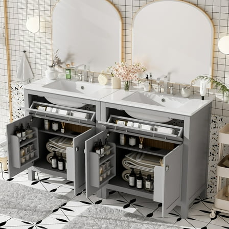 60" Modern Gray Bathroom Vanity Set with Double Vanities (Separate), Double Ceramic Sinks, Adjustable Shelf,
