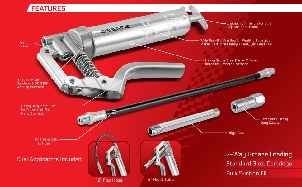 Carbyne Mini Grease Gun, Pistol Grip, 3000 Psi, Knurled Steel Barrel, 12 in. Flex Hose, 4 in. Rigid Tube, Coupler, 2-Way Loading, 3 Oz Capacity