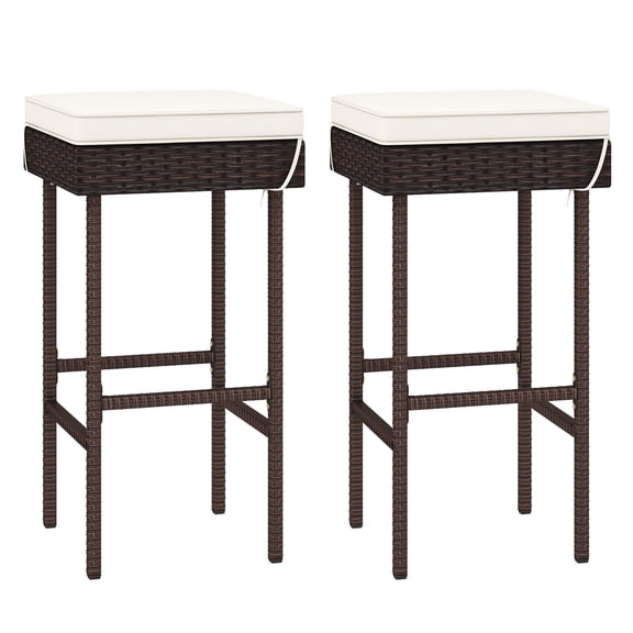 Gymax Patio Rattan Barstools Set of 2 Outdoor Wicker Bar Height Chairs w/ Footrest & Soft Cushions