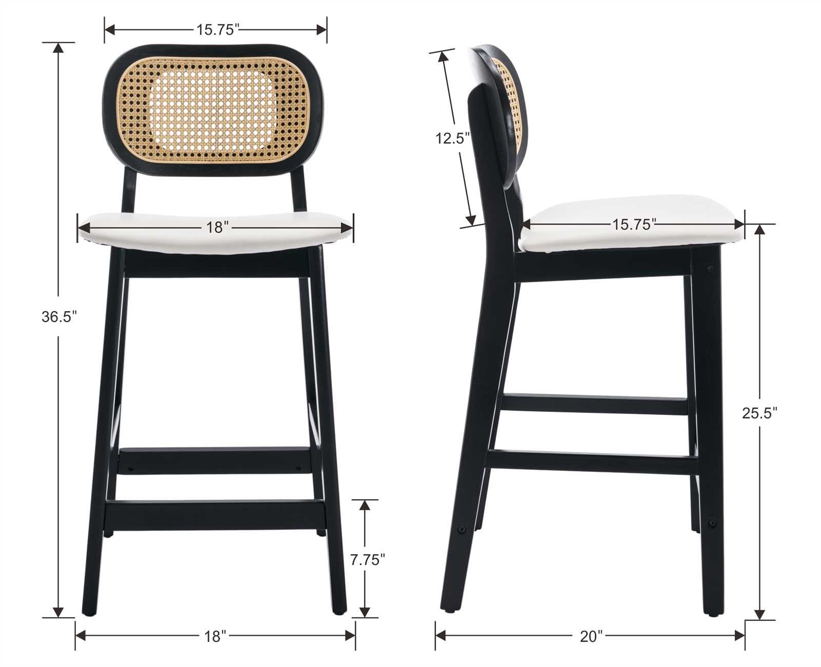 Dayalane Rattan Counter Height Bar Stools Set of 2, 26" Mid Century Modern Wood Farmhouse Barstools with Footrest, PU Upholstered Kitchen Island Chairs for Pub Restaurant, White