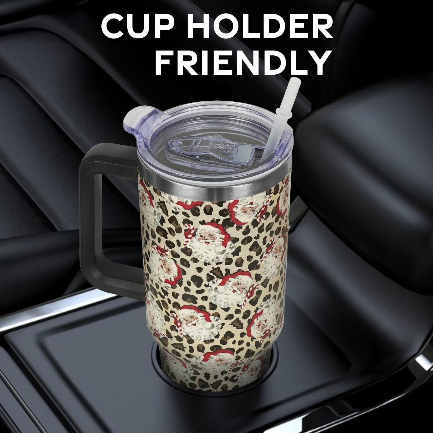 Christmas Santa Leopard Tumbler with Handle and Straw Lid 40 oz,Cute Christmas Gifts for Women Vacuum Insulated Leak Proof Tumbler,Winter Holiday Accessories Stainless Steel Coffee Cup Mug