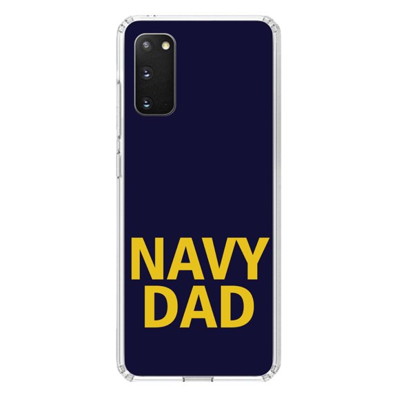 DistinctInk Clear Shockproof Hybrid Case for Galaxy S20 PLUS / 5G (6.7" Screen) - TPU Bumper, Acrylic Back, Tempered Glass Screen Protector - Yellow Navy Dad - Support for the Navy