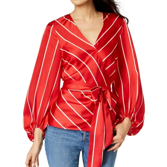 I.N.C Womens Stripe Shop Wrap Blouse, Red, Small