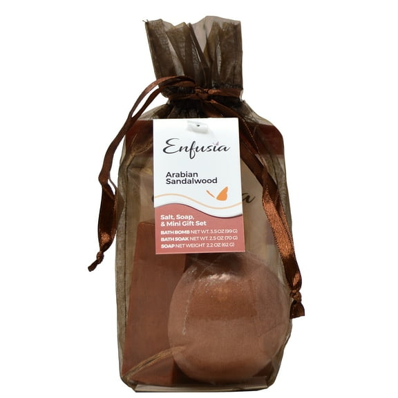Arabian Sandalwood Salt, Soap & Mini Gift Set by Enfusia 4oz bath bomb, 2.5 oz. spa soak, 2.2 oz. soap bar in organza gift bag