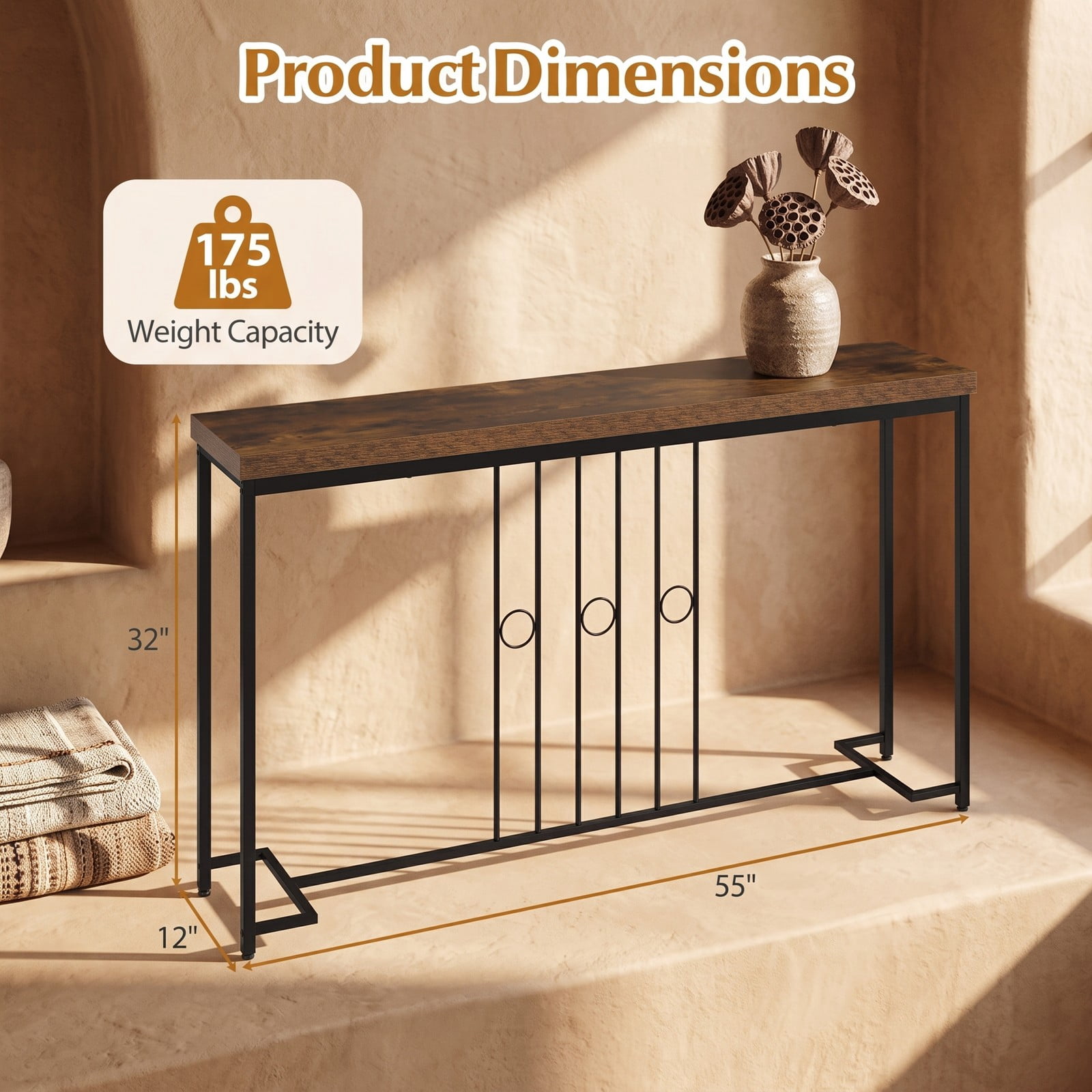 Furnibear 55 Inch Industrial Console Table with Spacious Wood Tabletop and H-Shaped Metal Base for Entryway and Living Room, Brown