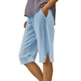 thumbnail image 3 of Pxkloy Women Linen Pants Lightweight Capri Pants Summer Casual Beach Bermuda Shorts Elastic Waist Striped Cropped Trousers with Pocket Light Blue,M, 3 of 7