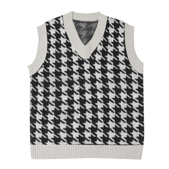Sksloeg Women's V Neck Trendy Sweater Vest V Neck Houndstooth Knitwear Top Cute Argyle Preppy Style Knit Vest Sweater for Women Sleeveless Tank Top,Beige S