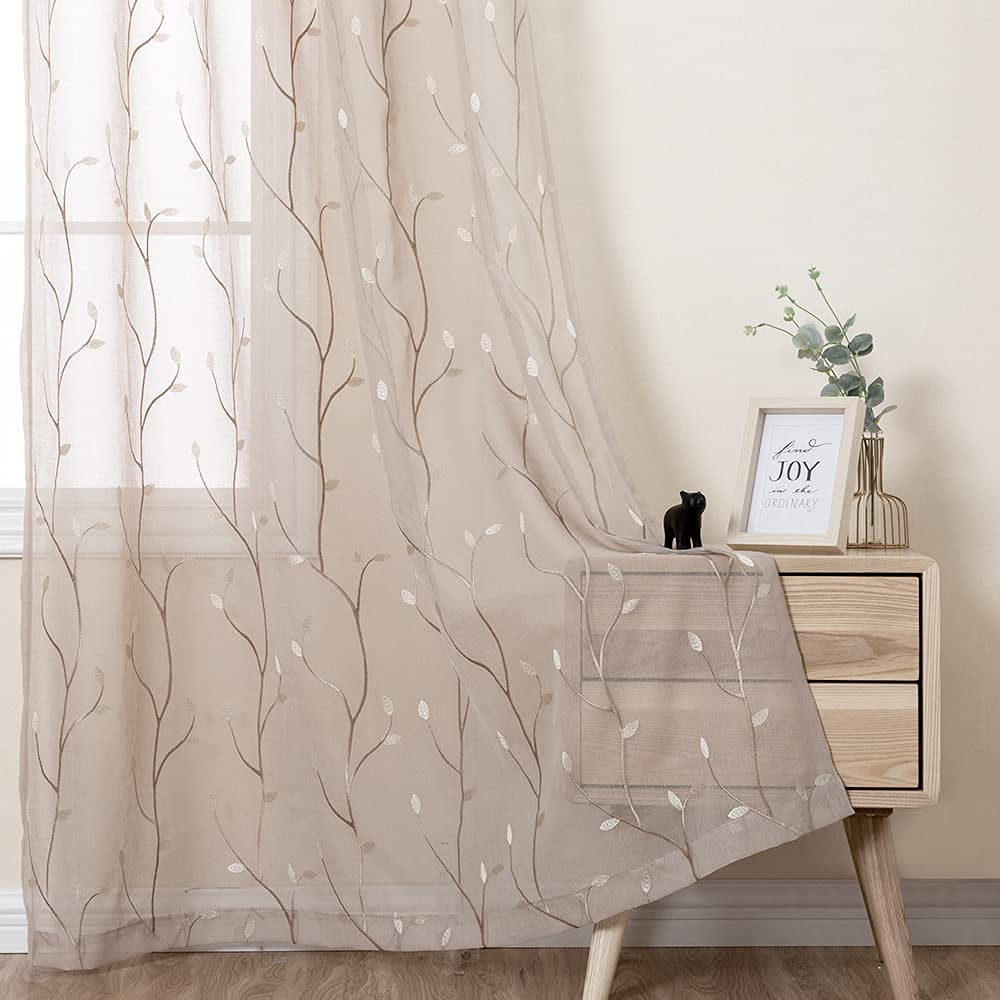 Curtainking Farmhouse 2 Piece Leaf Embroidery Light Filtering Curtain Set