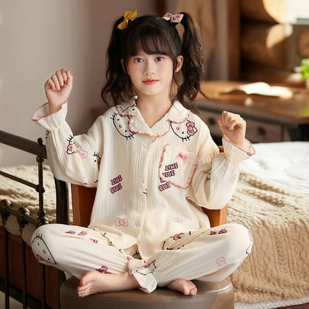 

Hello Kittys Cinnamoroll Kuromi Sanrio Pure Cotton Pajamas Anime Kawaii Home Wear Spring and Autumn Cardigan Suit Holiday Gift