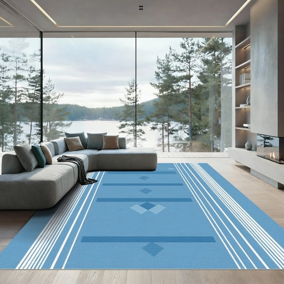 ODIKA 4'x6' Machine Washable Non-Slip Area Rug, Geometric Blue High Traffic Rug, Blue, 1073873