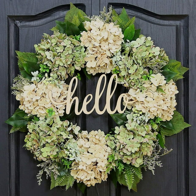 Spring Wreath for Front Door Wreath 18 Inch Green Hydrangea Wreath Summer Wreath Handmade Hello Wreath Farmhouse Wreath Grapevine Wreath