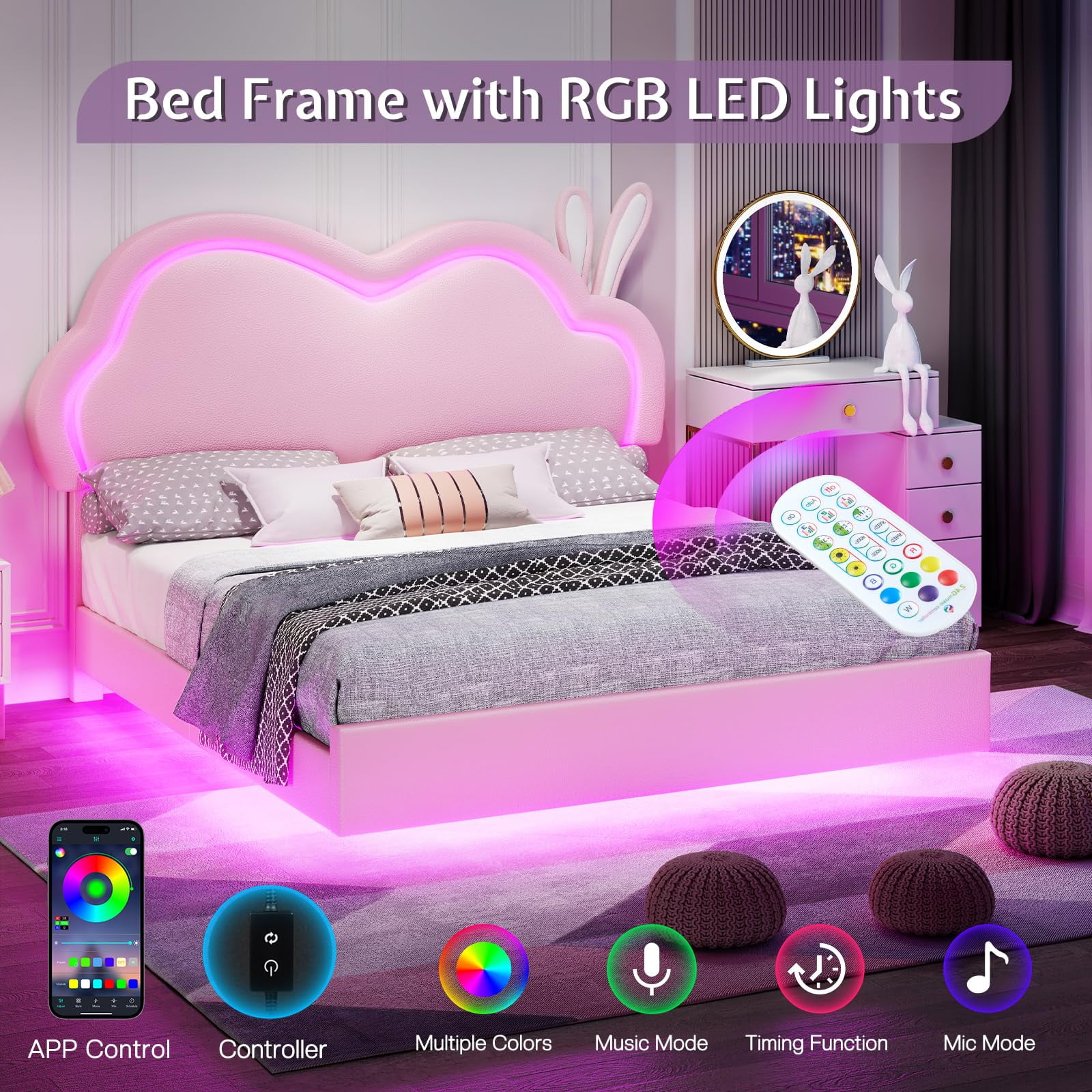 Merluxy Floating Full Bed Frame with Adjustable LED Headboard, Leather Upholstered Platform Bed Frame with Wood Slats Support, Easy Assembly, Pink
