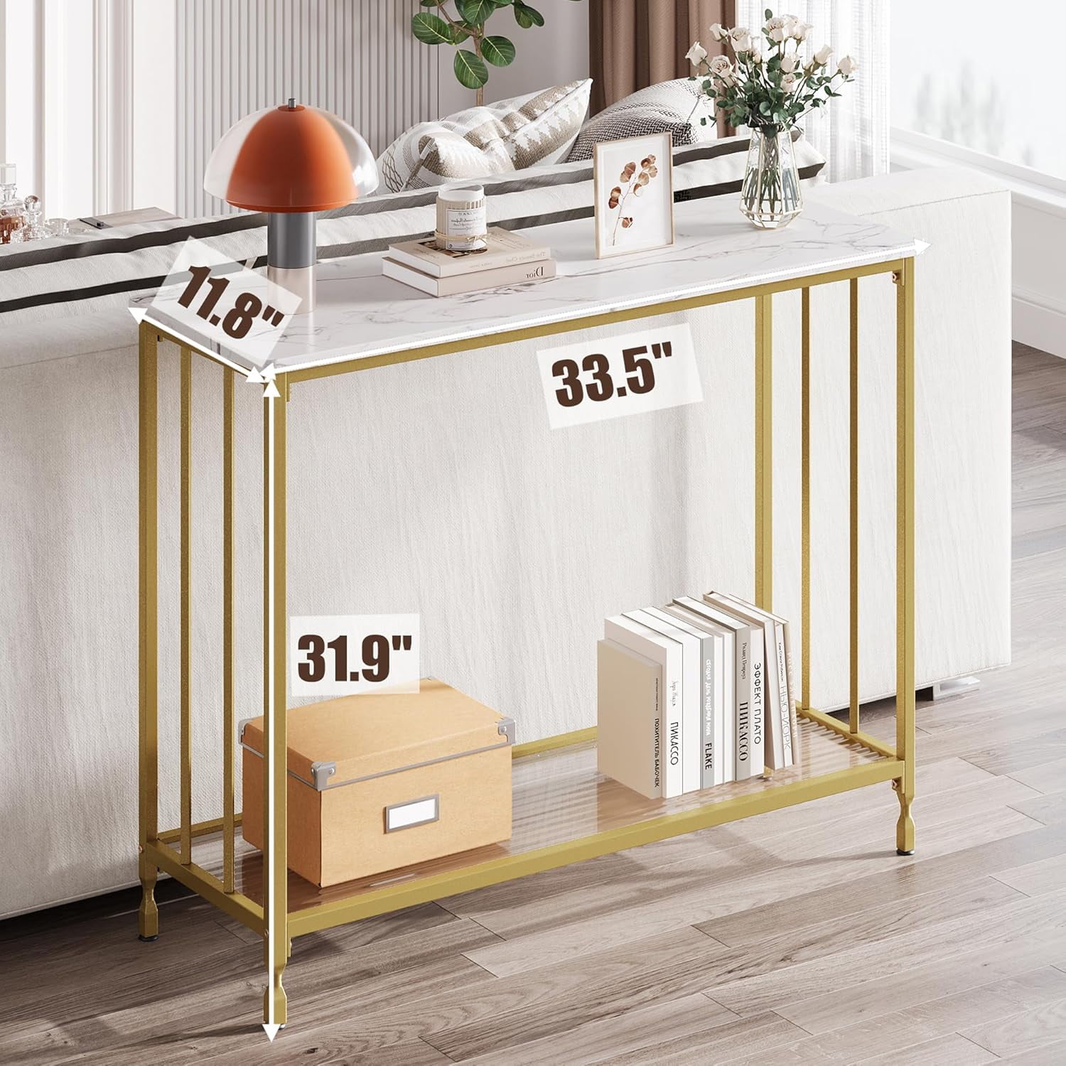 Console Table, Sofa Tables Narrow Entryway Table with Glass Shelf and Metal Frame, 33.5" Behind Couch Table Industrial Hallway Table for Living Room, Foyer, Bedroom, Modern Gold