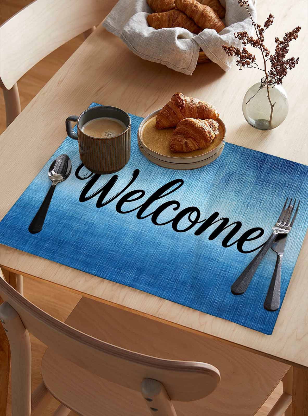 Welcome Quote Dark Blue Gradient Placemats Set of 4,Wipeable Washable Table Mats for Dining Tables,Summer Watercolor Style Place Mats for Kitchen Event Party Tabletop Decor