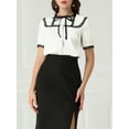thumbnail image 5 of Allegra K Women's Short Sleeve Button Front Lace Panel Bow Tie Collar Blouse, 5 of 6