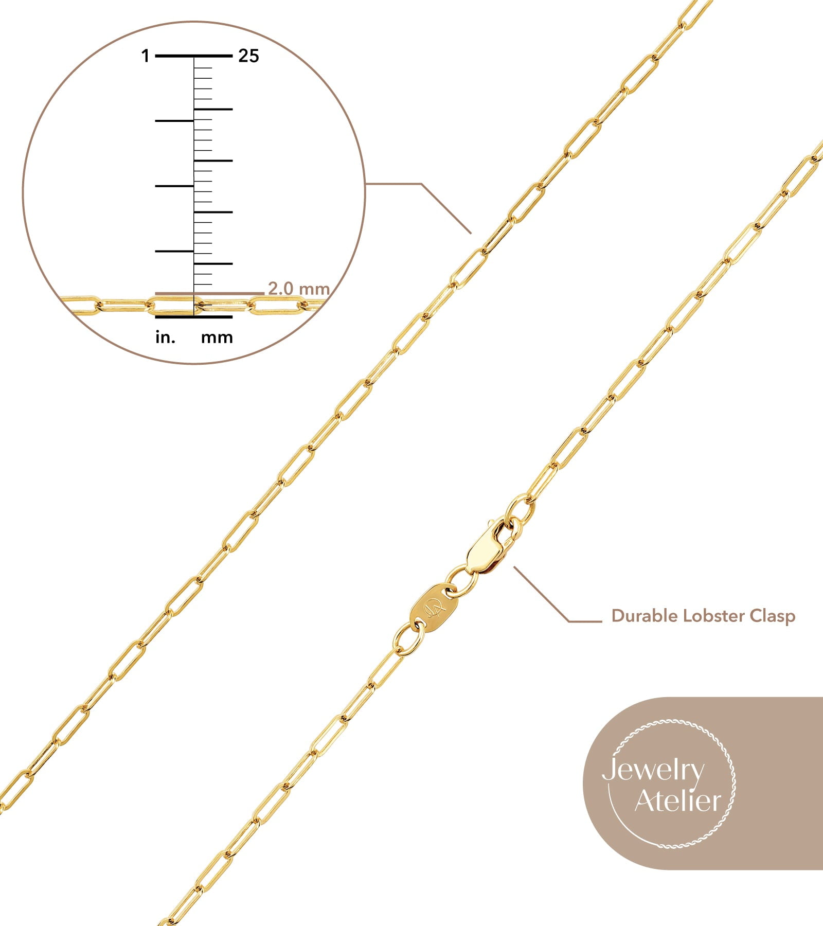 Jewelry Atelier Gold Chain Necklace Collection - 14K Solid Yellow Gold Filled Paper Clip Link Chain Necklaces for Women and Men with Different Sizes (2.0mm, 2.5mm)
