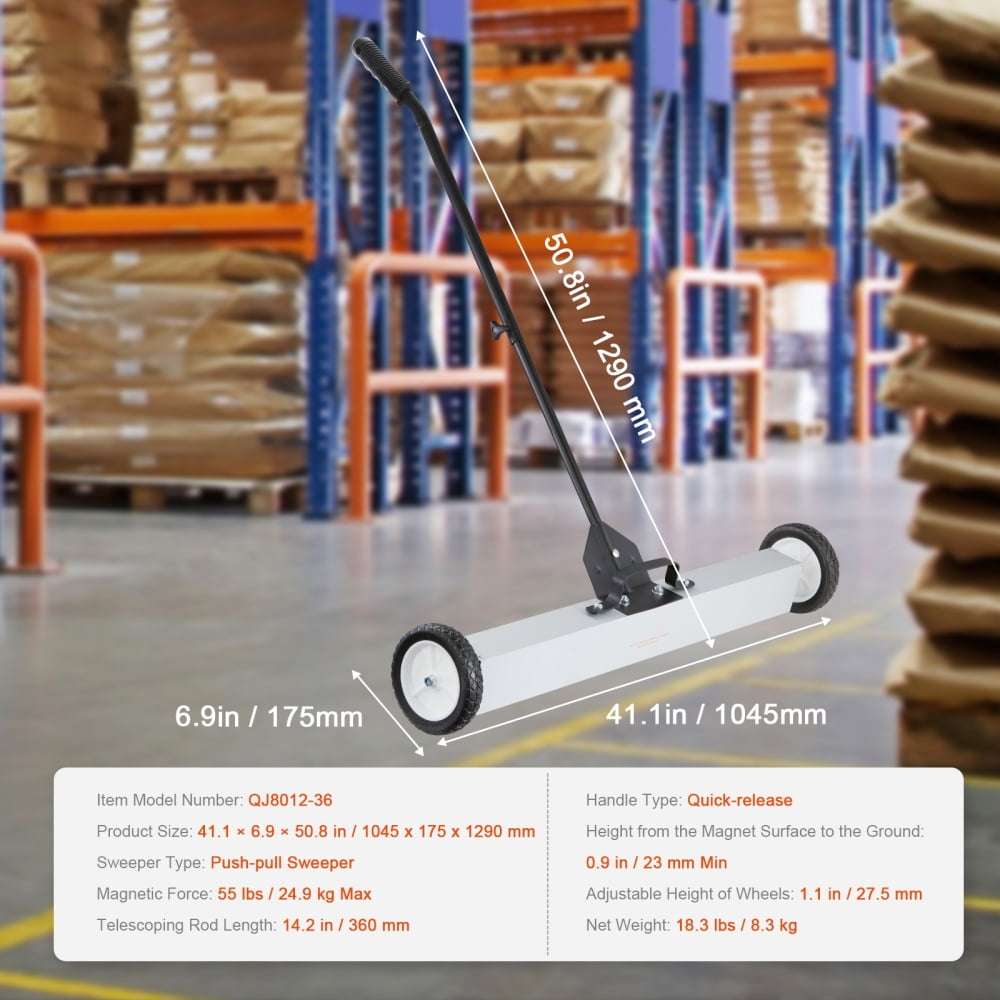 NOBOLEA 36-inch Rolling Magnetic Sweeper with Wheels, Heavy Duty 50Lbs Metal Debris Collector with Adjustable Telescoping Handle for Construction, Garage & Yard