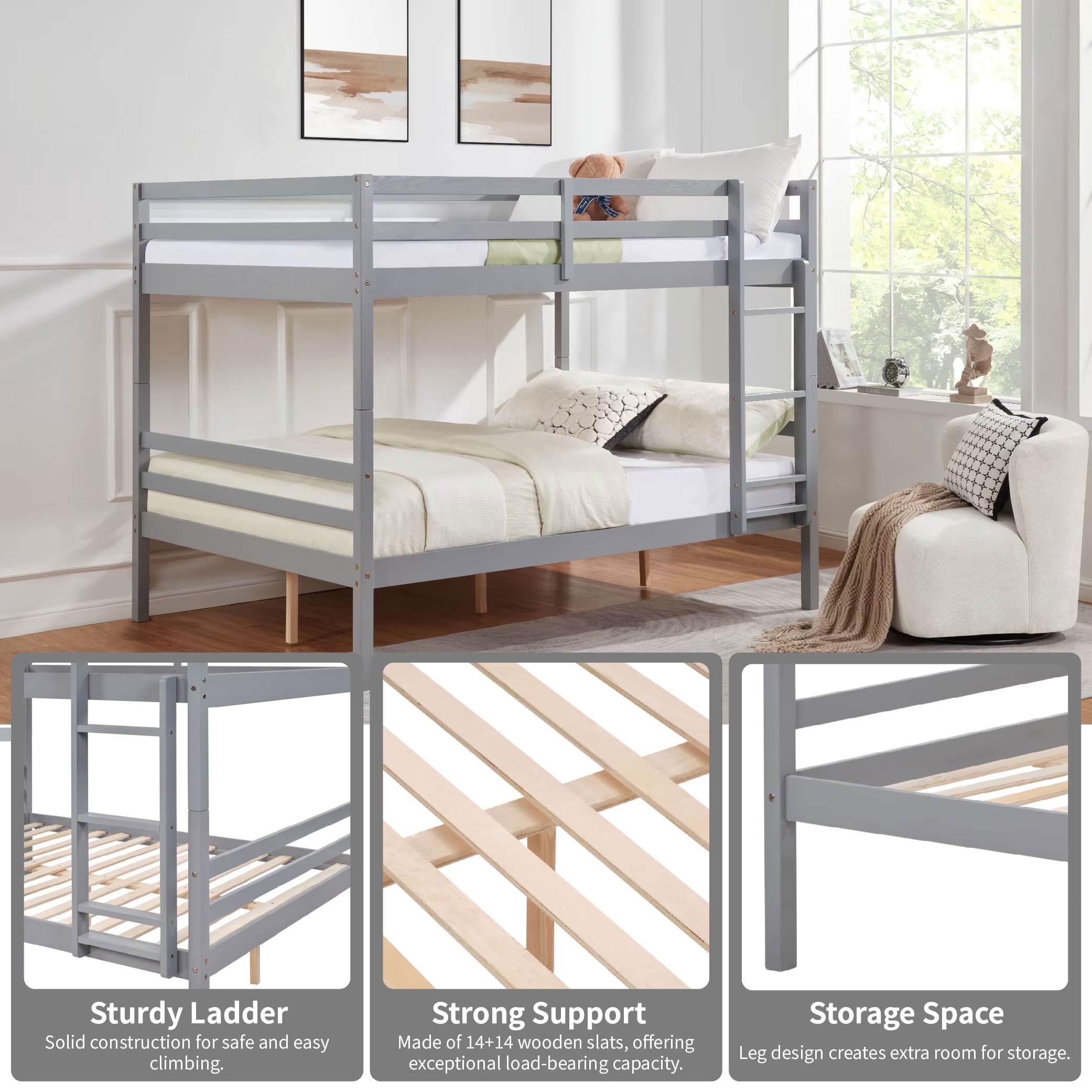 MAYEERTY Full over Full Bunk Bed with Ladder and High Guardrail, Solid Wood Bed Frame, Space-Saving for Kids Teens Dorm Rooms Guest Rooms, No Box Spring Needed