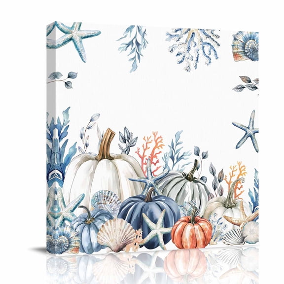 Canvas Wall Art, Blue Pumpkin Coastal Fall Framed Canvas Prints for Bathroom Desk, Thanksgiving Starfish Summer Beach Small Gallery Wrapped Wall Decor for Home Office, Gifts, 8"x8" Ship Next Day