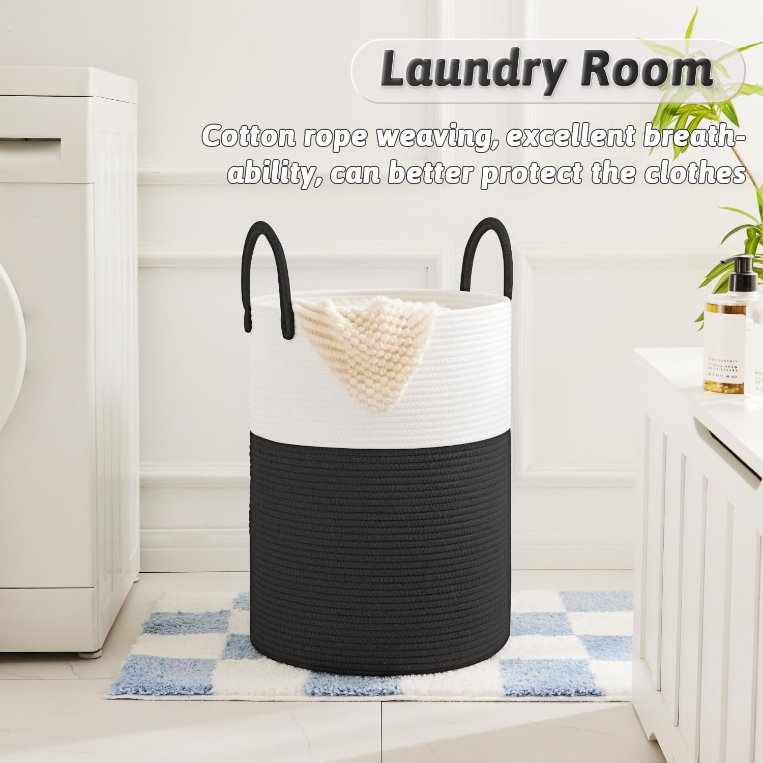 Laundry Basket, Woven Cotton Rope Laundry Hamper for Decor Storage of Dirty ClothesToys and Blankets in Bathroom, Baby Room and Living Room