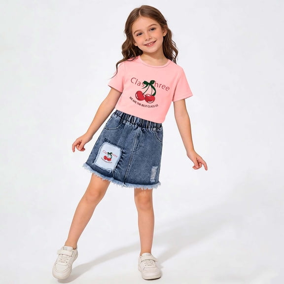 FSYBOA Girls Summer Outfit Sets , Shorts Sleeves Elastic Waist Fashion Casual Kids Clothing Set Pink Size 6 T
