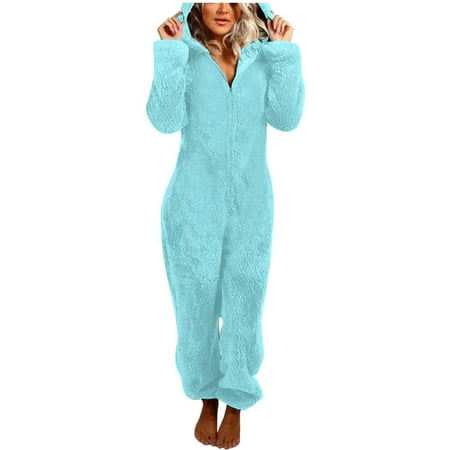Women Onesises Casual Women s Autumn Winter Solid Color Long Sleeved Zipper Hooded Jumpsuit Pajamas For Home Wear Mint Green XXXXL