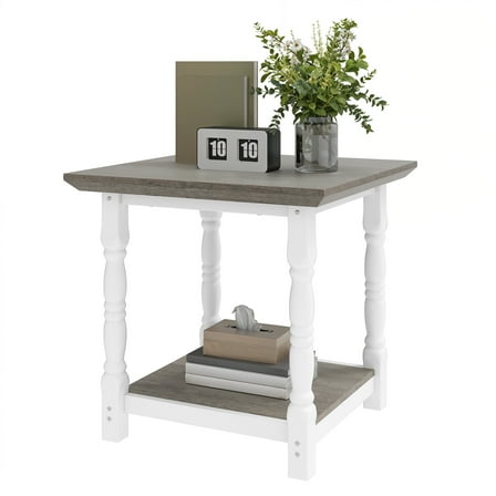 Craftian 23.6" Square Side Table with Open Shelves, 2-Tier End Table for Living Room, White & Gray