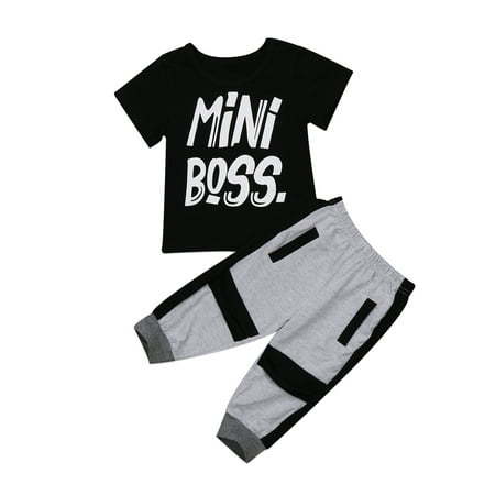 

Bagilaanoe 2pcs Toddler Baby Boy Long Pants Set Letter Print Short Sleeve T-Shirts Tops + Patchwork Trousers 1T 2T 3T 4T 5T 6T Kids Casual Outfits