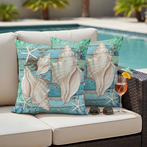 Coastal Conch Outdoor Pillow Covers 18x18 Inch Throw Pillow Covers Set of 2 Waterproof Decorative Pillow Cases Summer Beach Ocean Coral Teal Blue Wood Cushion Covers for Patio Furniture Garden Couch