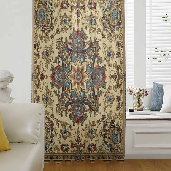Boho Flower Semi Sheer Curtains Drapes for Living Room, Bedroom, French Doors Window 45 Inches Long, Bohemian Western Rustic Tribal Patterns Rod Pocket Chiffon Curtain Drapery Voile Draperies Panel