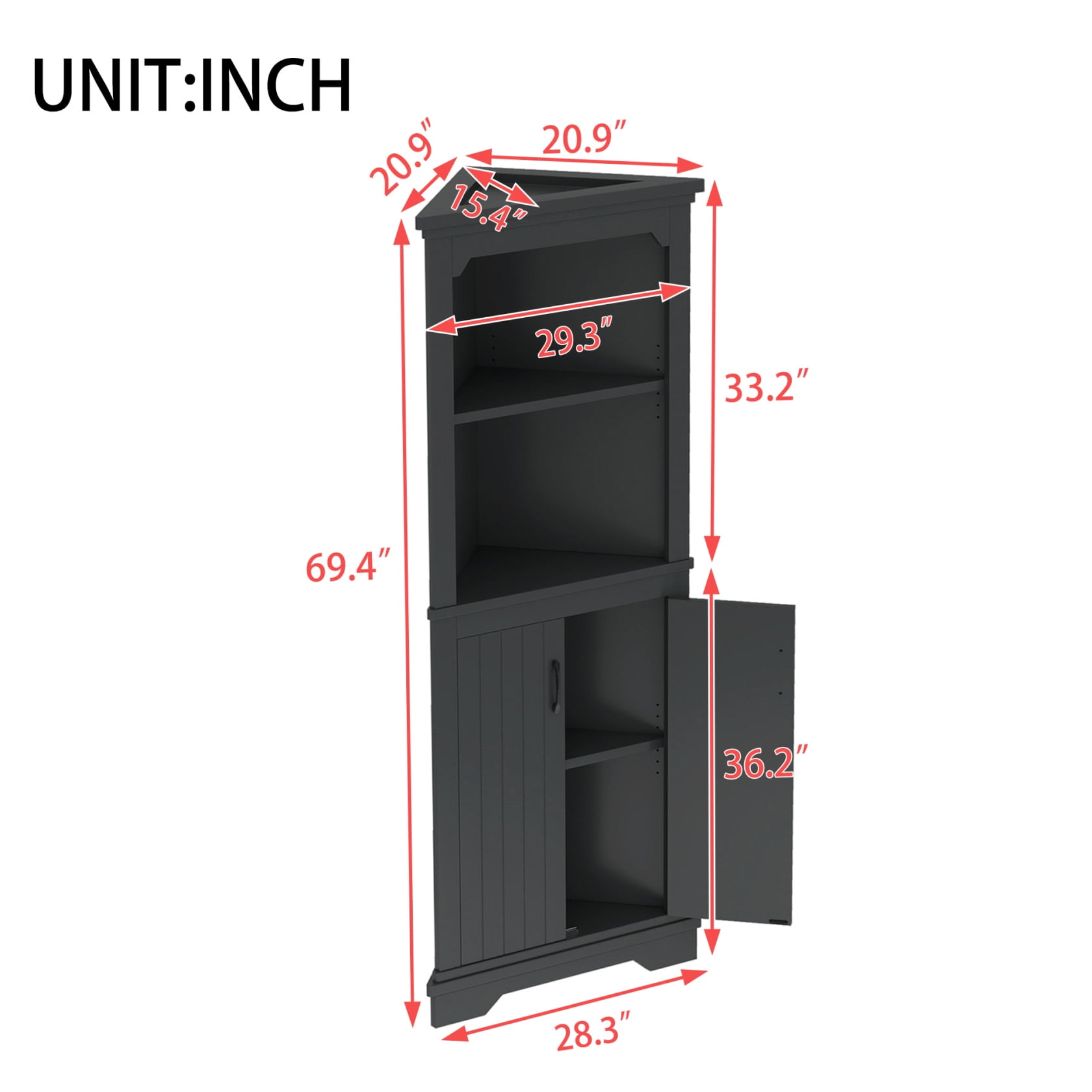 69" Corner Cabinet with Doors, Corner Bathroom Cabinet with Open Shelf, Freestanding Storage Cabinet for Bathroom, Living Room, Bedroom, Kitchen, Black