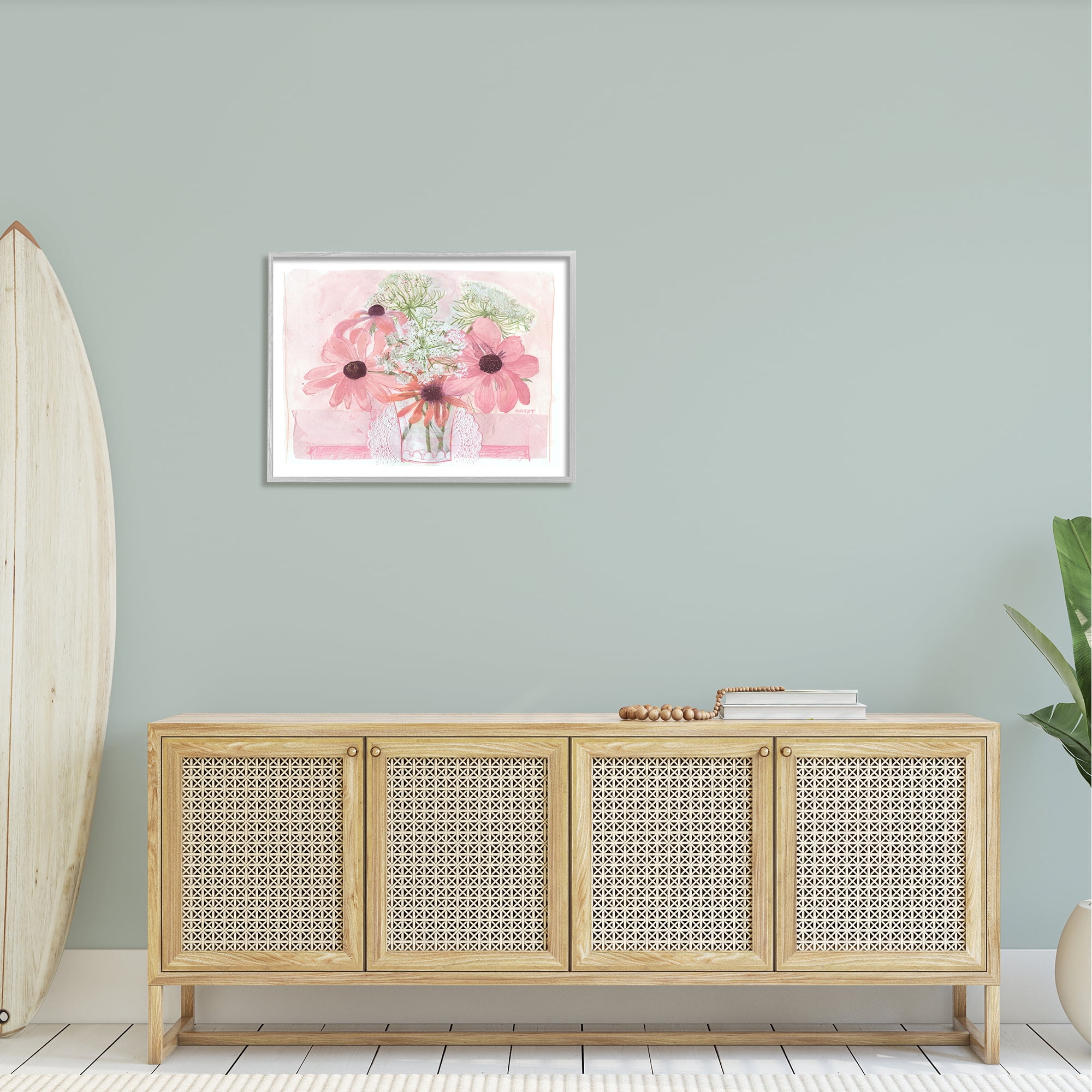 Stupell Industries Delicate Pink Flower Blossoms Bouquet Doily Vase Graphic Art Gray Framed Art Print Wall Art, Design by unknown