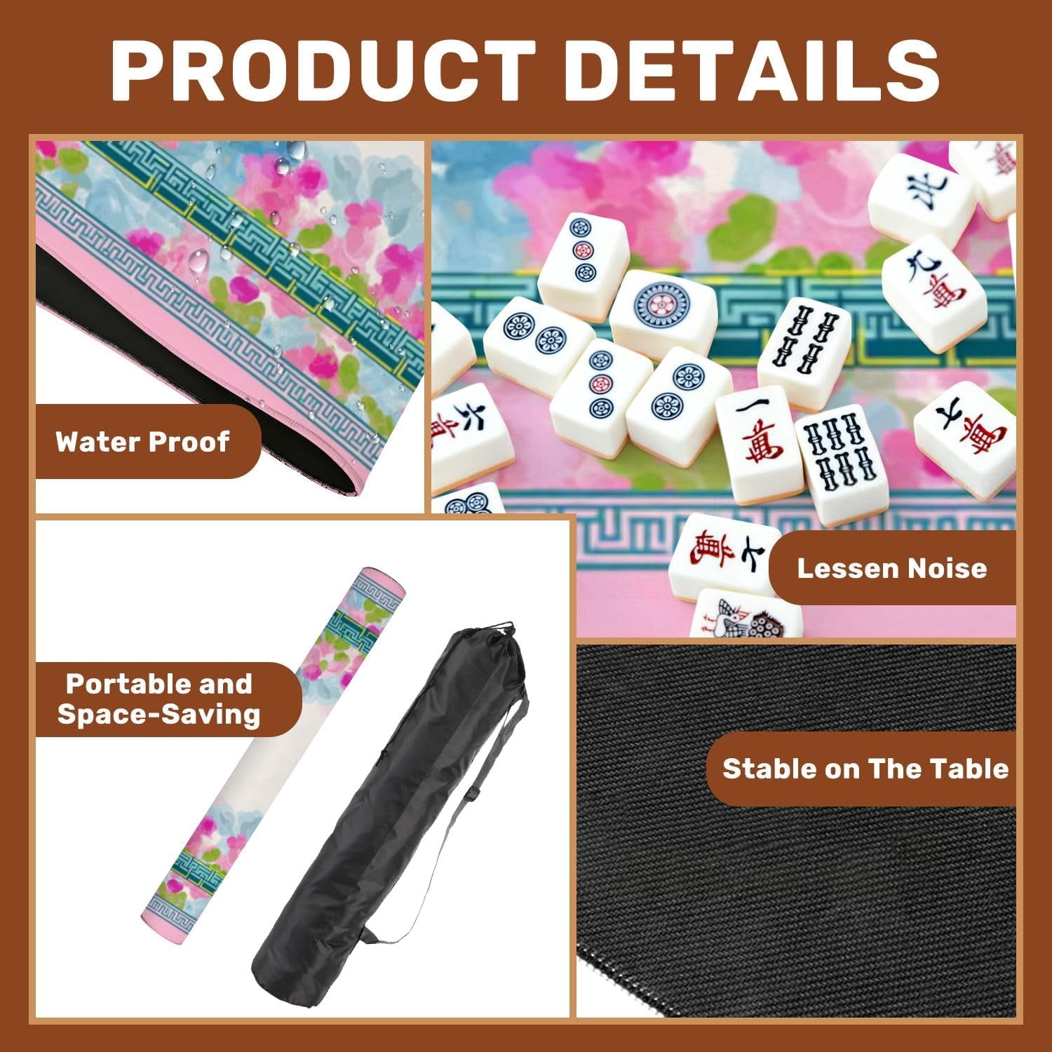 Mahjong Mat 31.5" x 31.5" Floral Watercolor Border Blue Pink Flowers Greek Key Non-Slip Noise Reduction Mahjong Tiles Table Cover for Dominoes Poker Card Board and Tile Games