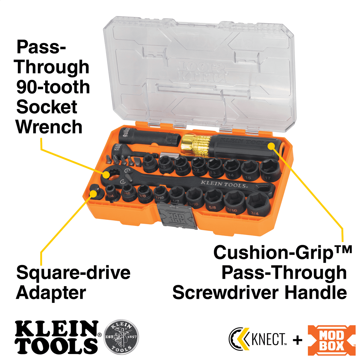 Klein Tools KNECT Essential Pass Through Impact Socket Set, SAE, Metric, 28-Piece