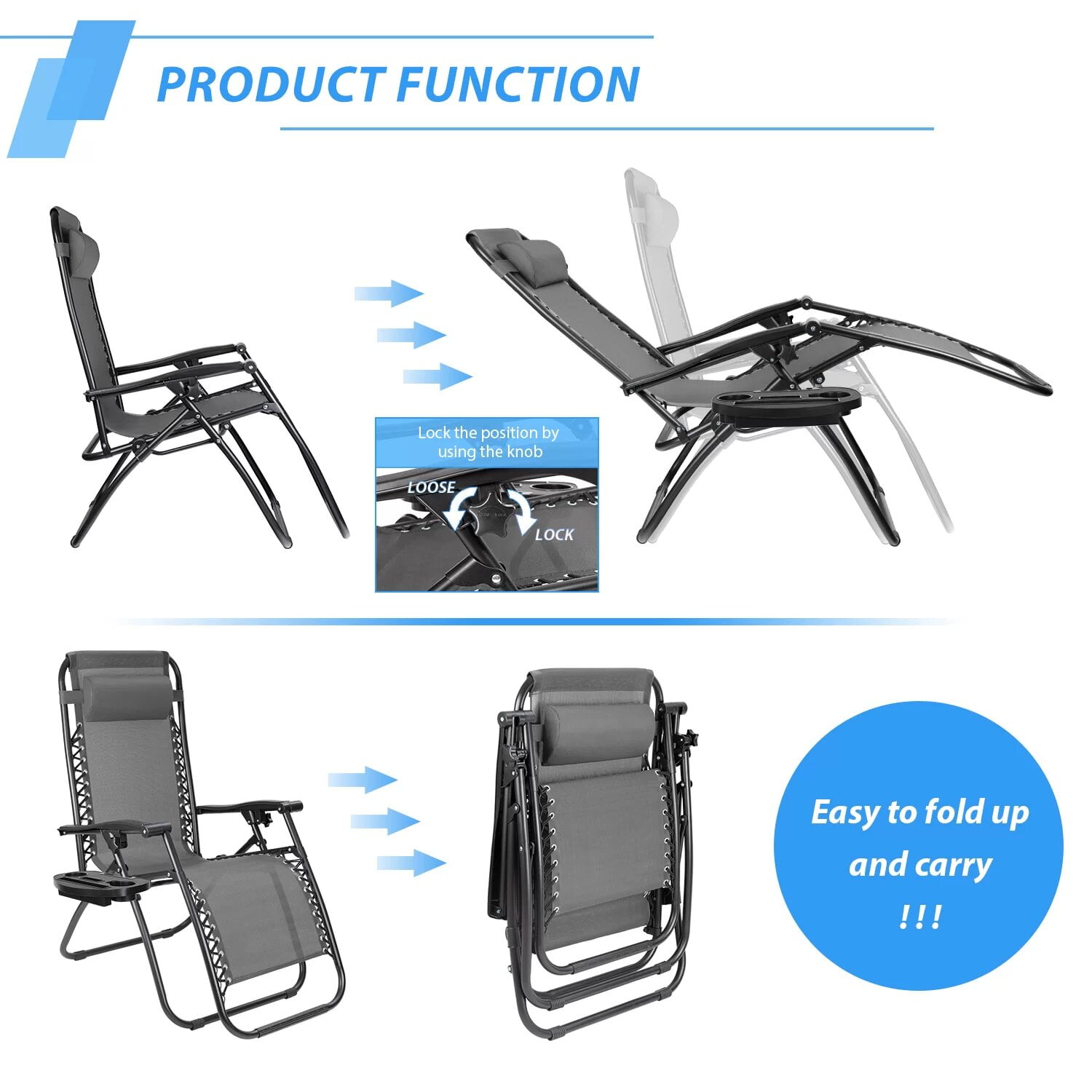 Vineego Zero Gravity Chairs Patio Chairs Lawn Lounge Chair Patio Set of 2 with Pillow and Cup Holder Patio Furniture for Poolside Backyard and Beach Set of 2 (Gray)