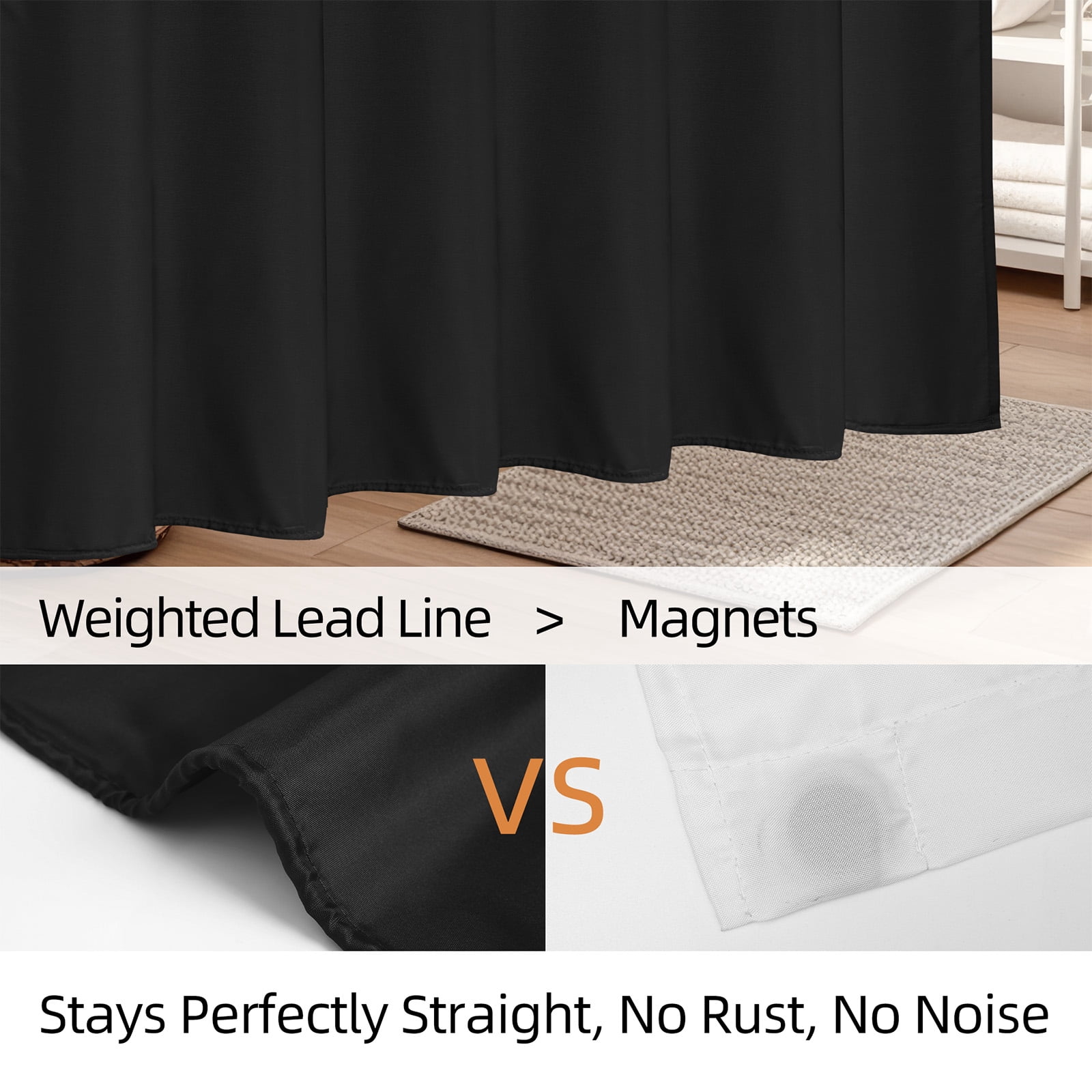 Inosoo Fabric Stall Shower Curtain, 48"Wx72"H Narrow Size Waterproof Polyester Cloth Shower Liner with Hooks, Black
