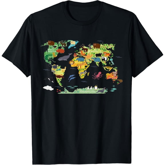 t-shirt Funny world animals map shirt for kids,boys and girls T-Shirt mens，black，women，funny，journey，Crew Neck, Short Sleeve,printing