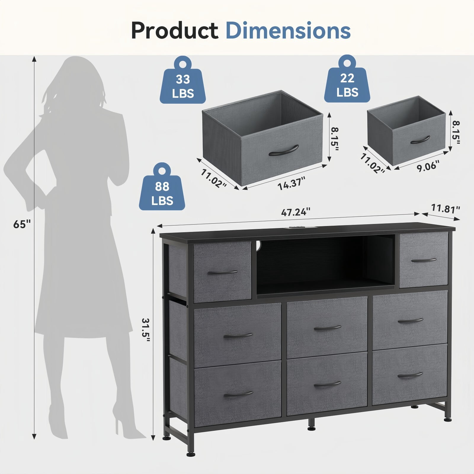 Kelno TV Stand Dresser with 8 Fabric Drawers Open Shelf LED Lights AC USB Charging Station, Gray