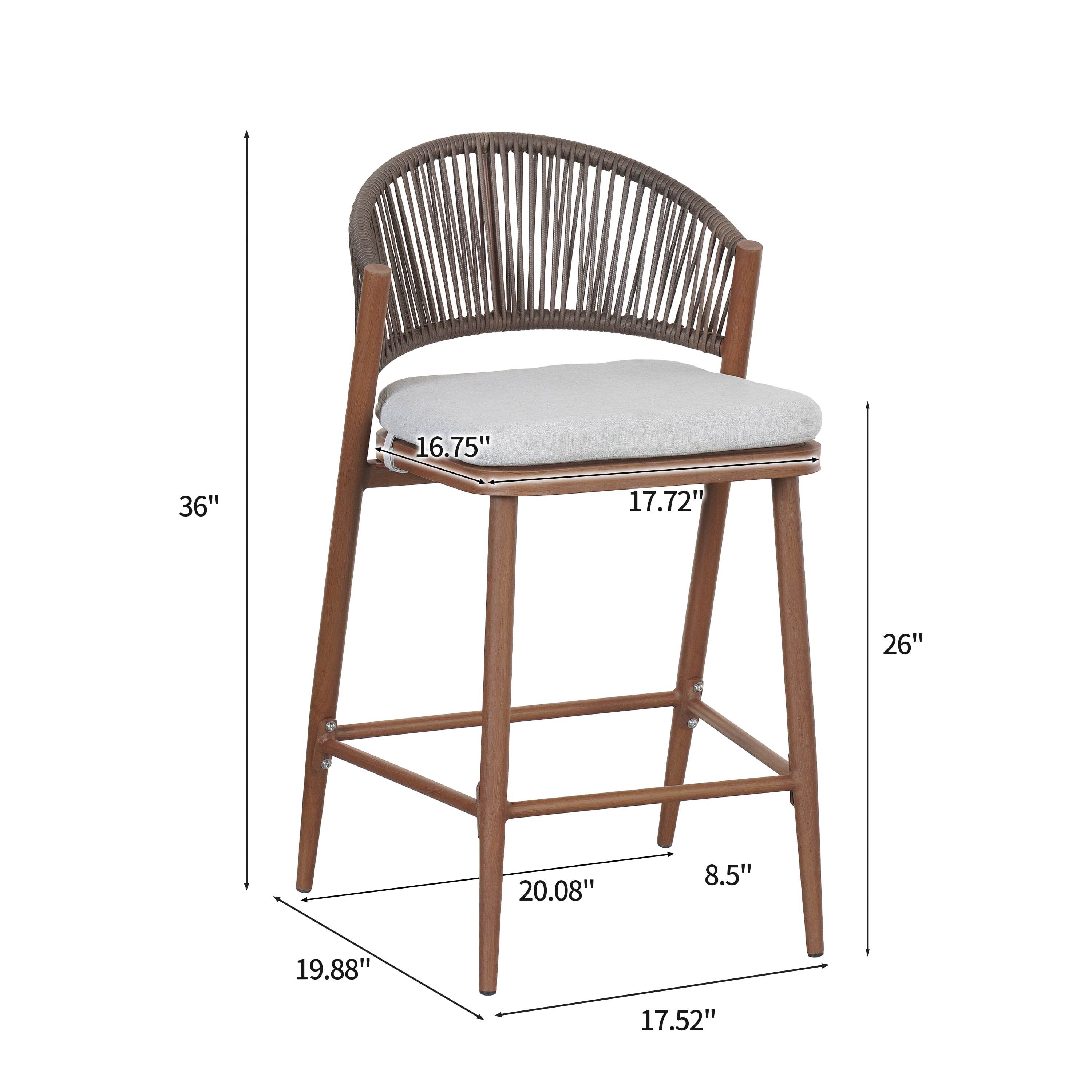 Counter Stools Set of 2, Outdoor 26 Inch Seat Height Aluminum Frame Stools with PE Rattan Scallop-Shaped Backrest, Teak Finish