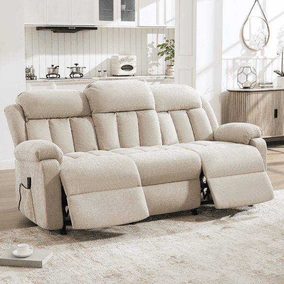 Jocisland 77" Power Reclining Sofa, Chenille 3-Seater Recliner Couch with Dual Wingback, Side Pockets, Beige
