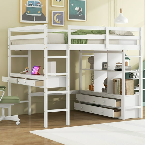 Full Size Loft Bed with Built-in Desk, White Storage Loft Bed with Drawers & Shelves, Space Saving Wooden Bed Frame for Small Rooms