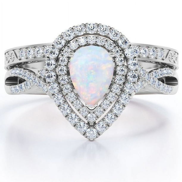 JeenMata Anillo de Bodas de Filigrana Cruzada con Ópalo de Fuego en Forma de Pera y Moissanita de 1,75 Quilates - Engaste de Doble Halo Pavé - Chapado en Oro Blanco de 18 K sobre Plata