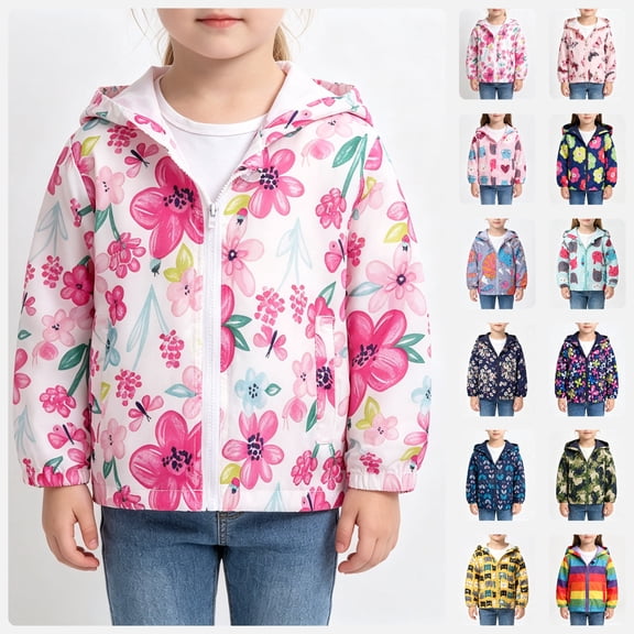 BCSIOAOI Toddler Girls Jacket,Hooded Full Zip Cartoon Printed Lightweight Windbreaker with Elastic Cuffs Hot Pink 3-4t