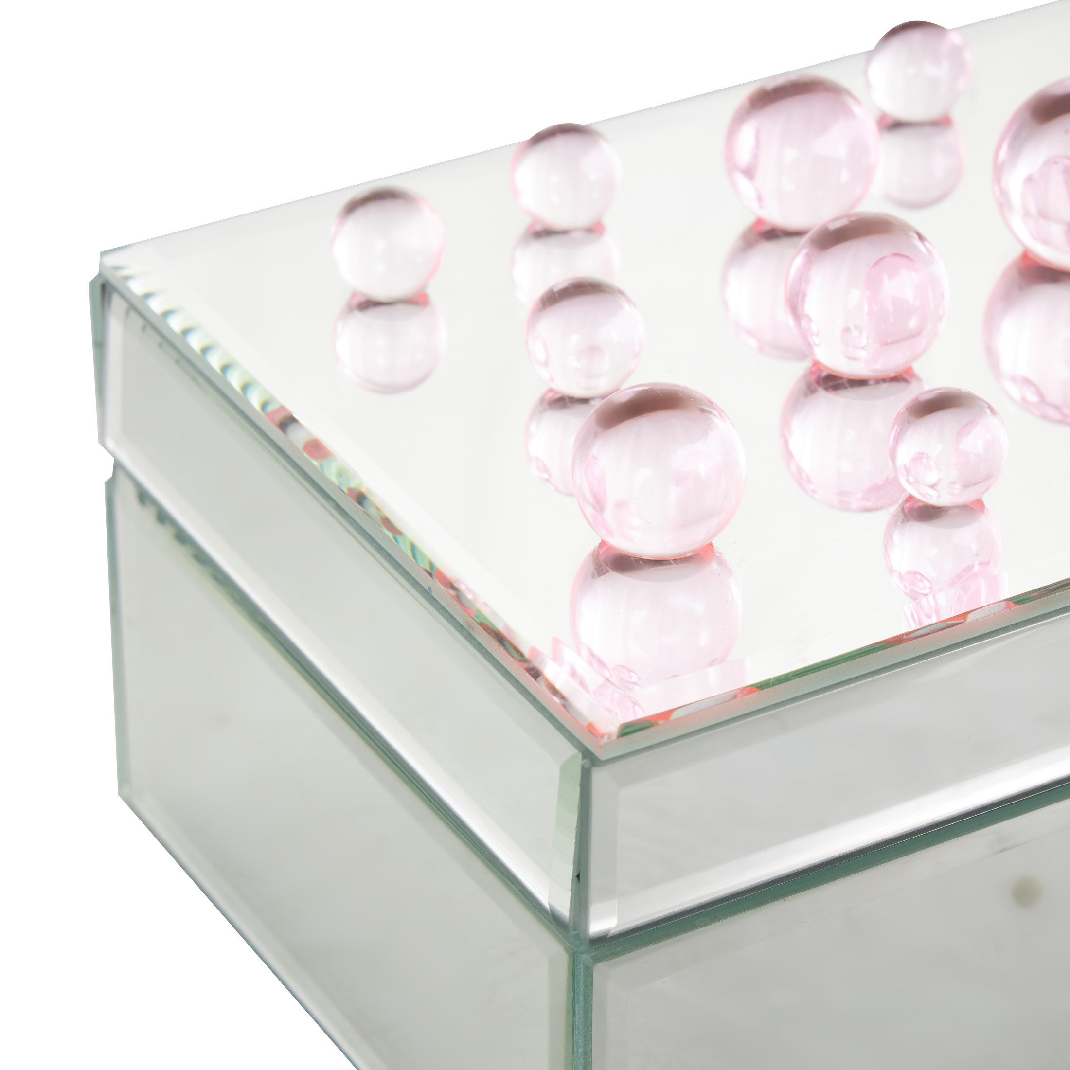 DecMode Mirrored Silver Glass Decorative Jewelry Box with Pink Bubble Textured Balls