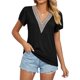 thumbnail image 1 of Camiseta informal holgada de Color puro con empalme de encaje y mangas cortas con cuello en V para mujer, 1 of 7