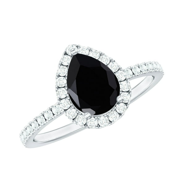 Rosec Jewels Black Onyx Teardrop Ring for Women with Diamond Halo (5X7 MM Pear Shape Onyx), 925 Sterling Silver, US 4.00