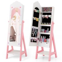 Topbuy Kids Jewelry Armoire Cabinet Freestanding Full Length Dressing Mirror with Large Capacity White