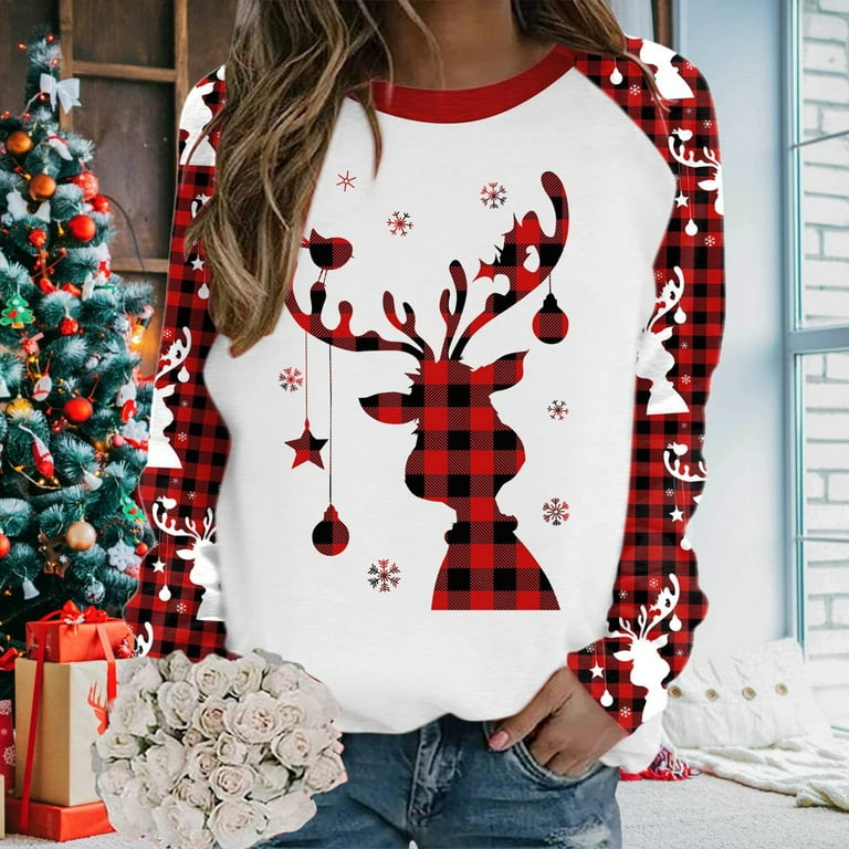 Plus Size Christmas Tops for Women Cute Reindeer Print Xmas Plaid Sweatshirts Long Sleeve Crewneck Pullover Sweaters Walmart